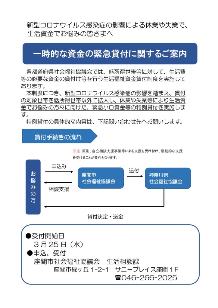 新型コロナウイルス感染症の影響を踏まえた生活福祉資金貸付制度における緊急小口資金等の特例貸付の実施について 社会福祉法人 座間市社会福祉協議会 新型コロナウイルス感染症の影響を踏まえた生活福祉資金貸付制度における緊急小口資金等の特例貸付の実施について 社会福祉法人 座間市社会福祉協議会